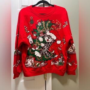 Vintage Mischievous Holiday Kitten Sweatshirt, 90s mom vibes! Size L - GVC